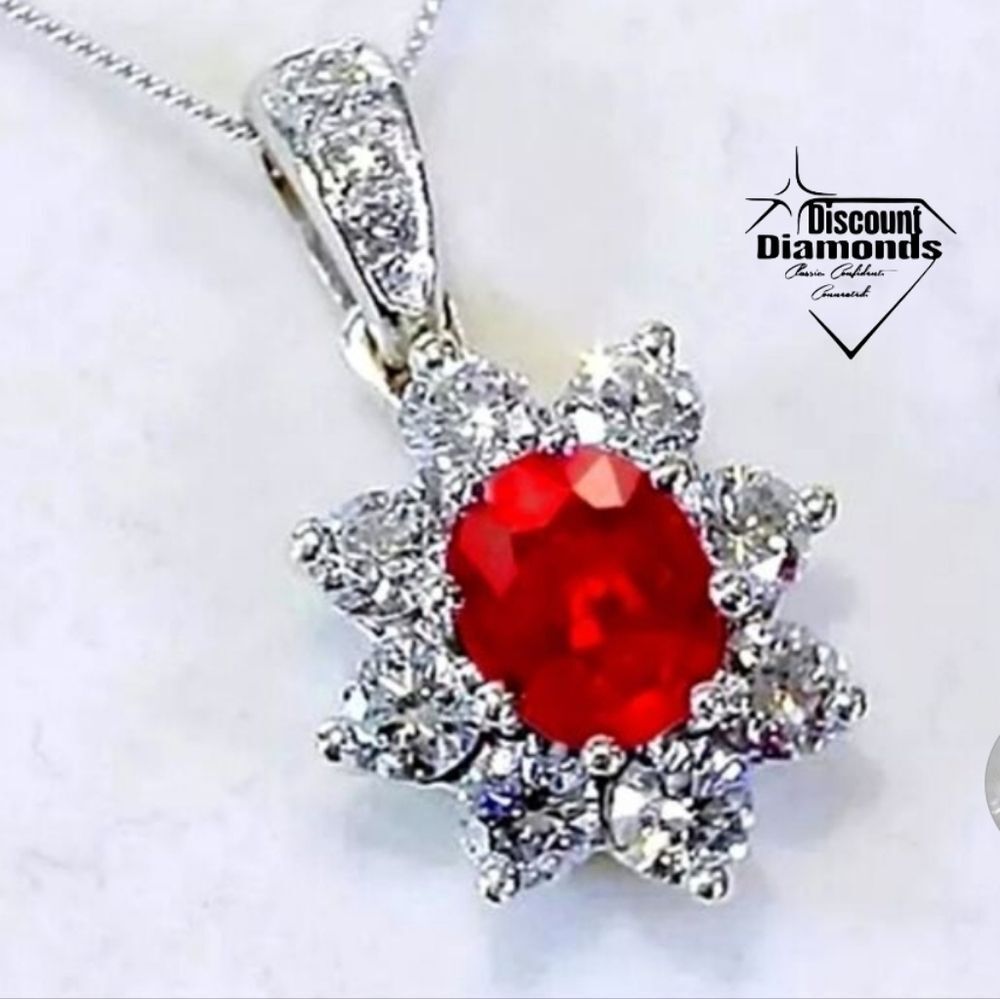 Pendant Necklace Red Oval Ruby & Clear White Baguette Diamonds 925 18 inch